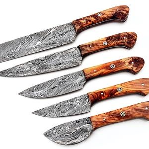 Custom Handmade Damascus 17324 olive wood 5 pc set